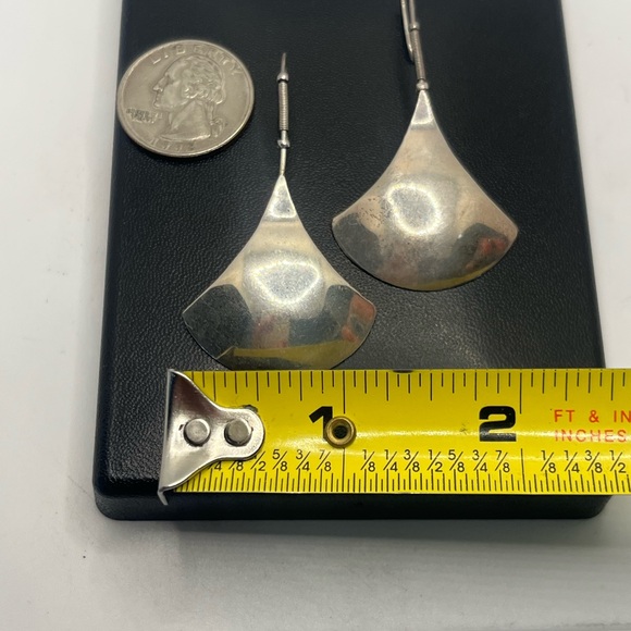 Fan shield long artisan sterling silver dangle vintage earrings modernist style - Picture 4 of 14